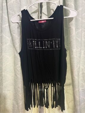 Black Fringe Tank Top with Glitter 'Killin' It' Accent